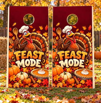 Feast Mode Funny Turkey Thanksgiving Cornhole Board Wraps board pair mockup