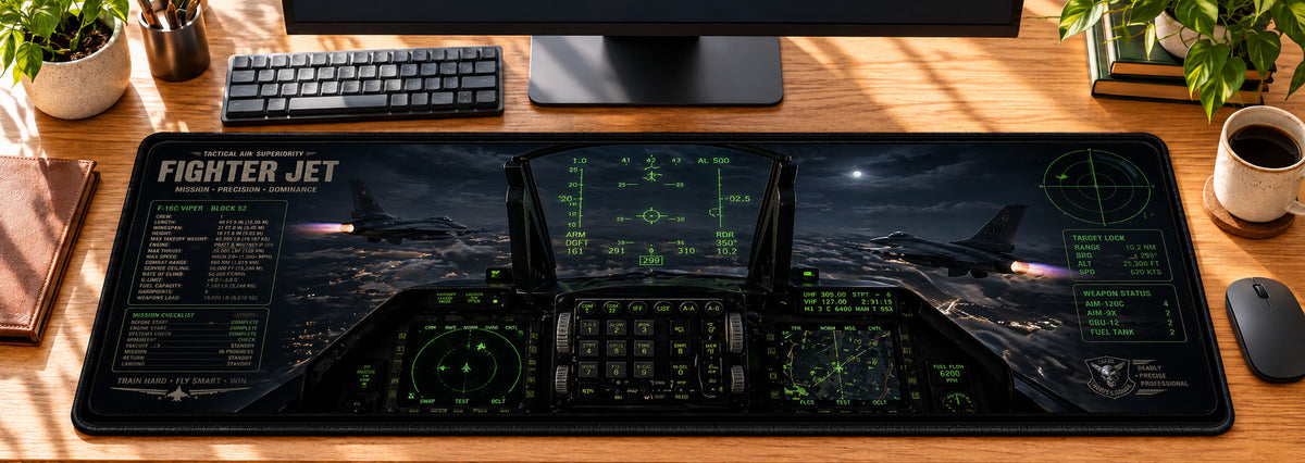 Fighter Jet HUD Tactical Desk Mat in use on a warm wood office desk — overhead workspace view