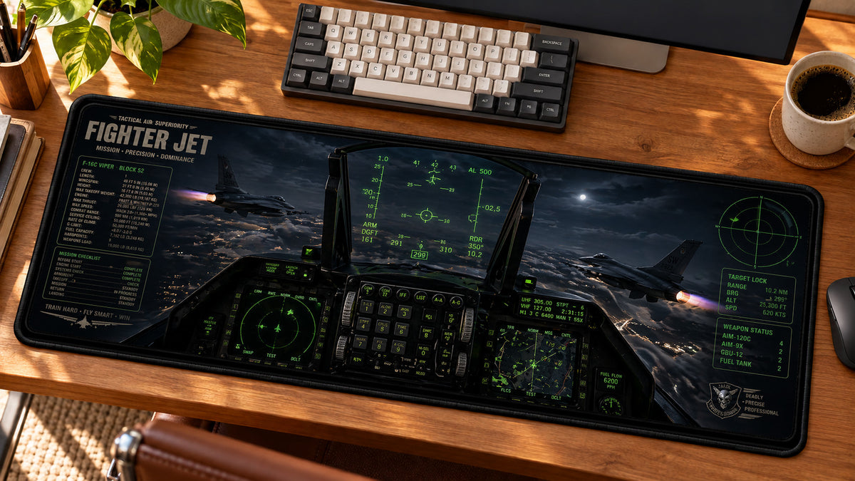 Fighter Jet HUD Tactical Desk Mat in use on a warm wood office desk — angled workspace view
