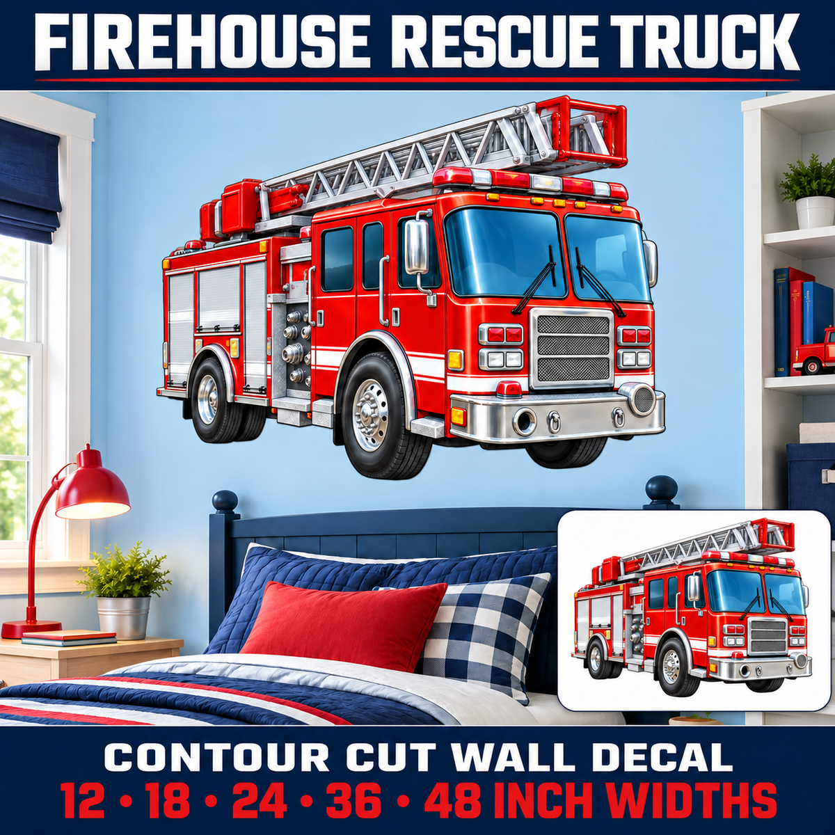 Firehouse Rescue Truck – Boys Room Wall Decal summary and bedroom mockup – 12 to 48 inch widths