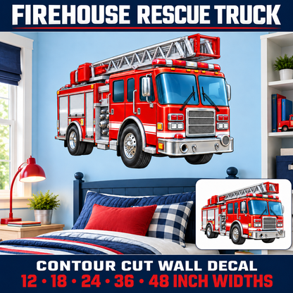 Firehouse Rescue Truck – Boys Room Wall Decal summary and bedroom mockup – 12 to 48 inch widths