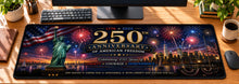 Fireworks Over Freedom Desk Mat in use on a warm wood office desk — overhead workspace view