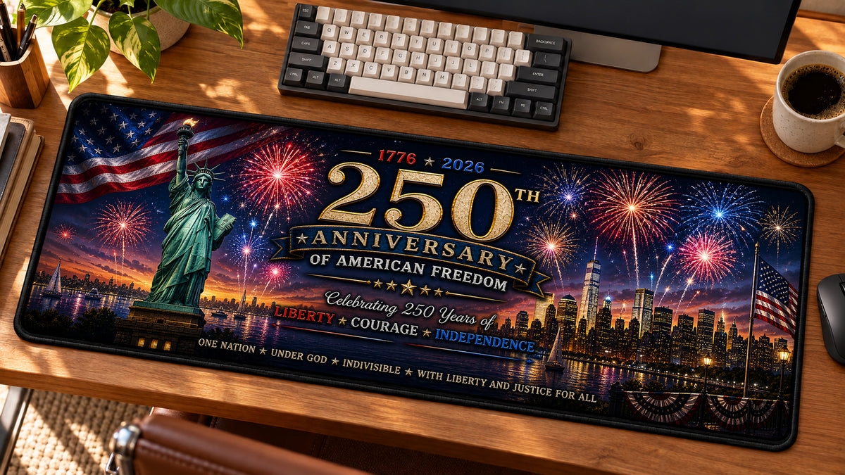 Fireworks Over Freedom Desk Mat in use on a warm wood office desk — angled workspace view