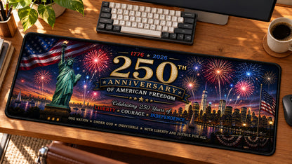 Fireworks Over Freedom Desk Mat in use on a warm wood office desk — angled workspace view