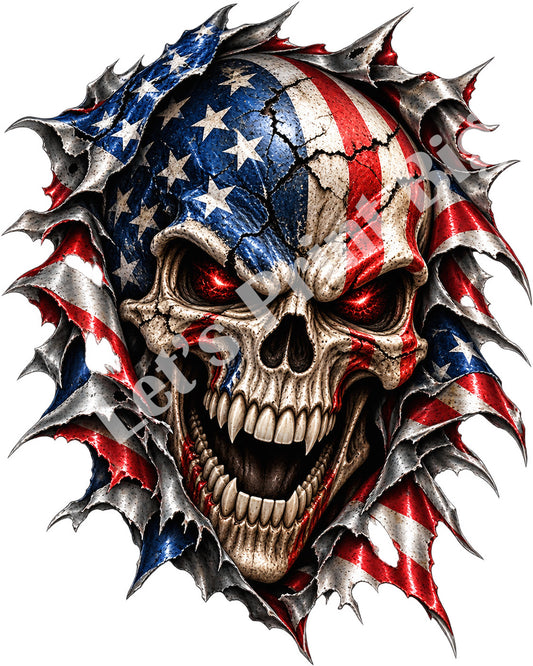 American Flag Skull Metal Rip Premium Contour-Cut Decal