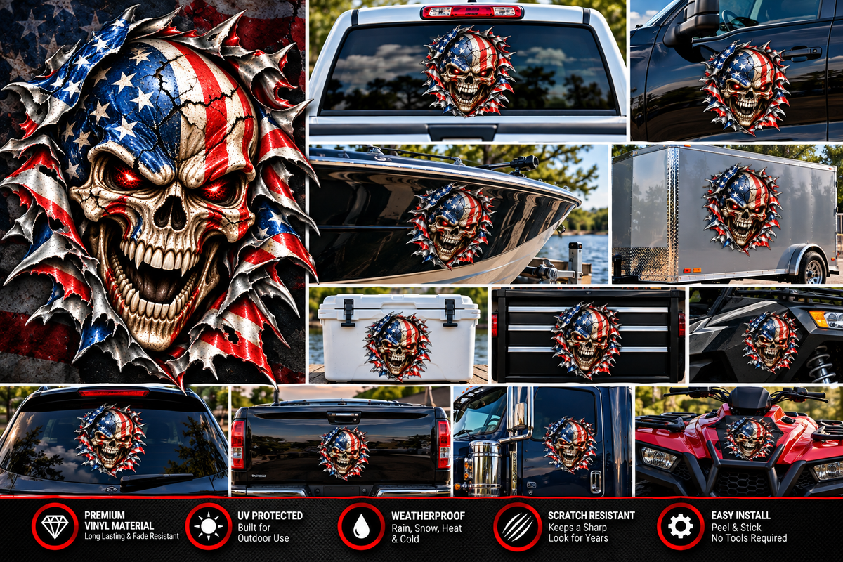 American Flag Skull Metal Rip Premium Contour-Cut Decal