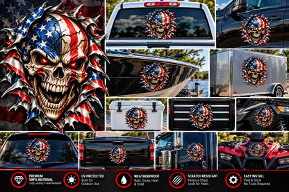 American Flag Skull Metal Rip Premium Contour-Cut Decal