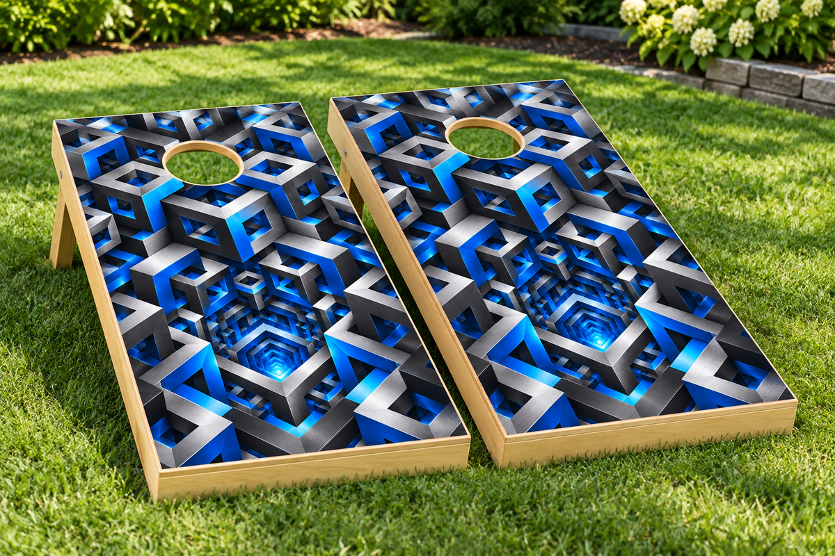 Floating Cube Dimension cornhole wrap installed board mockup; boards not included