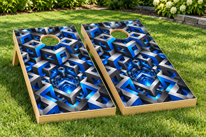 Floating Cube Dimension cornhole wrap installed board mockup; boards not included