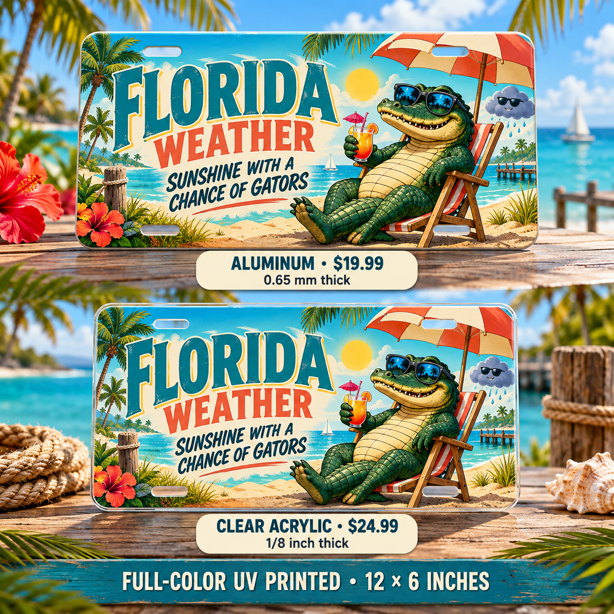 Florida Weather Report funny license plate — aluminum $19.99 and acrylic $24.99 comparison