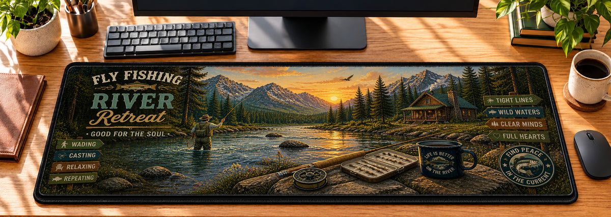 Fly Fishing River Retreat Desk Mat in use on a warm wood office desk — overhead workspace view
