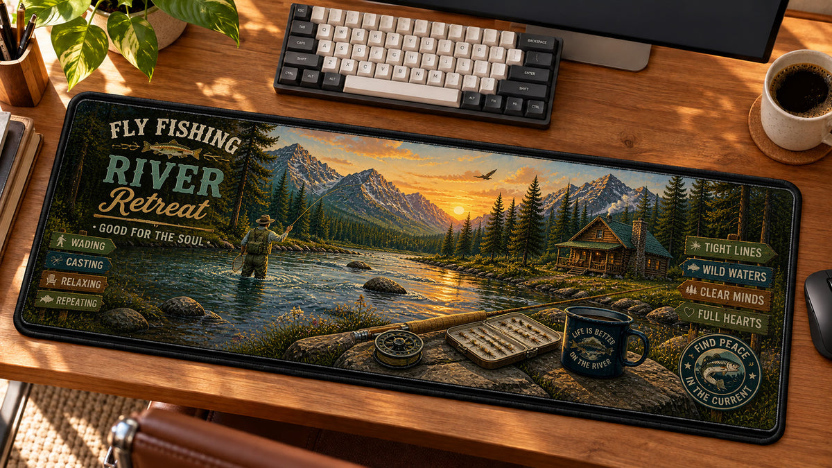 Fly Fishing River Retreat Desk Mat in use on a warm wood office desk — angled workspace view
