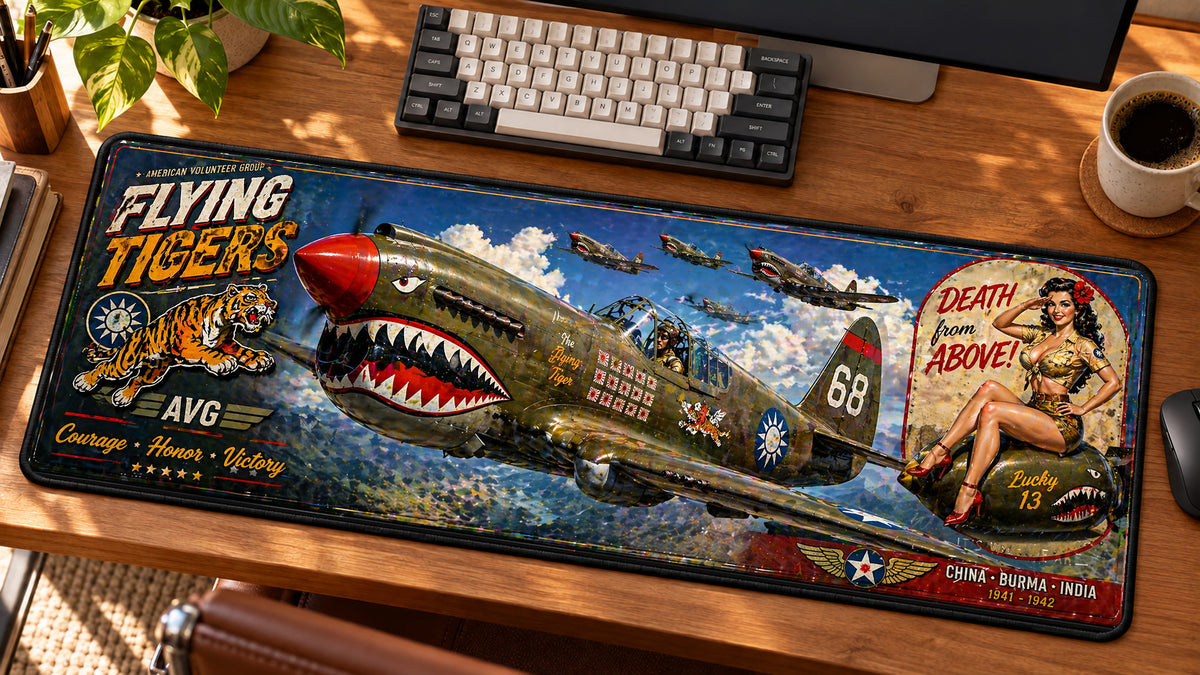Flying Tiger Sharkmouth Legacy Desk Mat in use on a warm wood office desk — angled workspace view