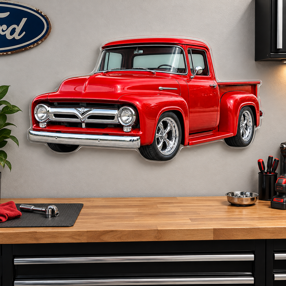 1950s Ford F-100 Cherry Red acrylic sign garage mockup