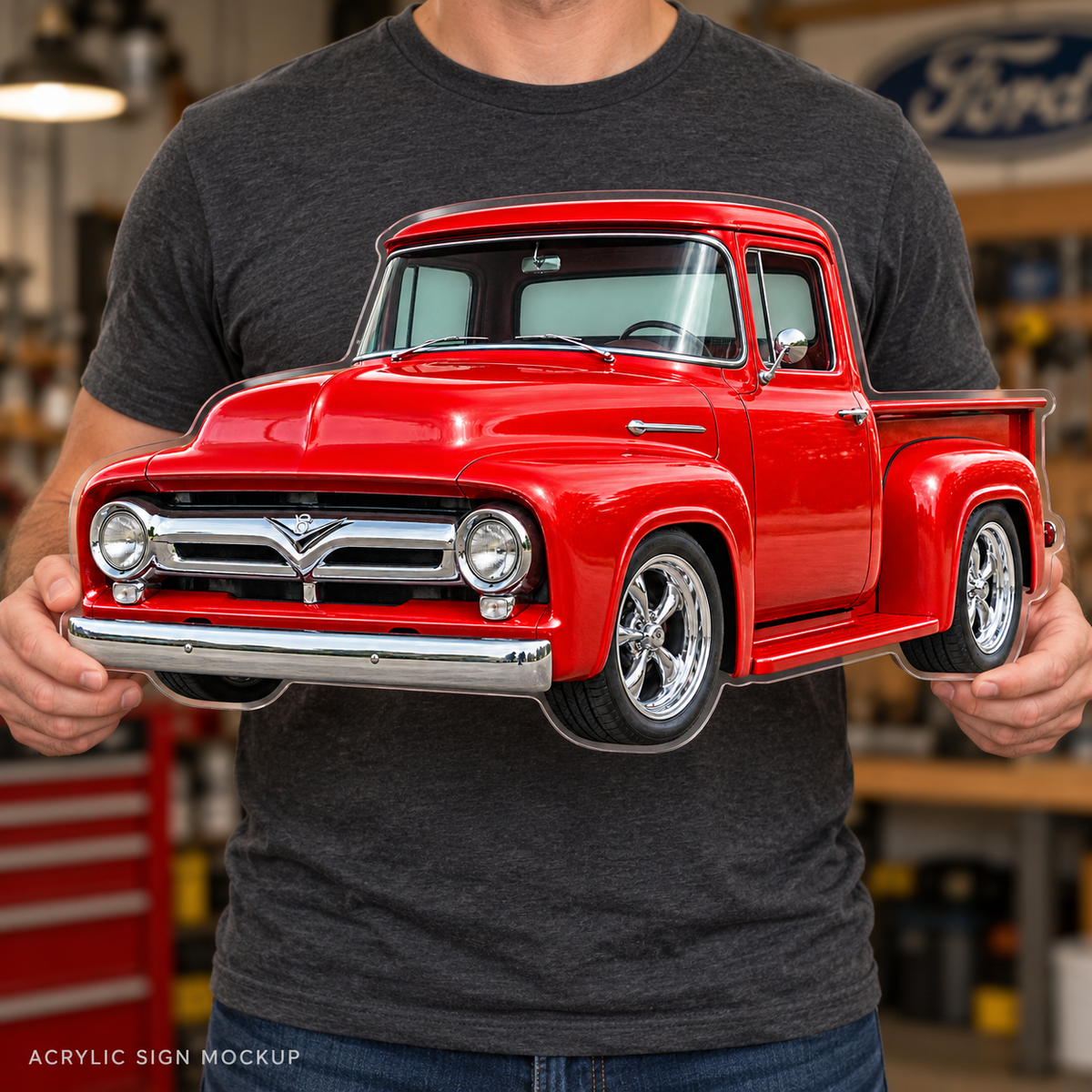 1950s Ford F-100 Cherry Red acrylic sign held mockup