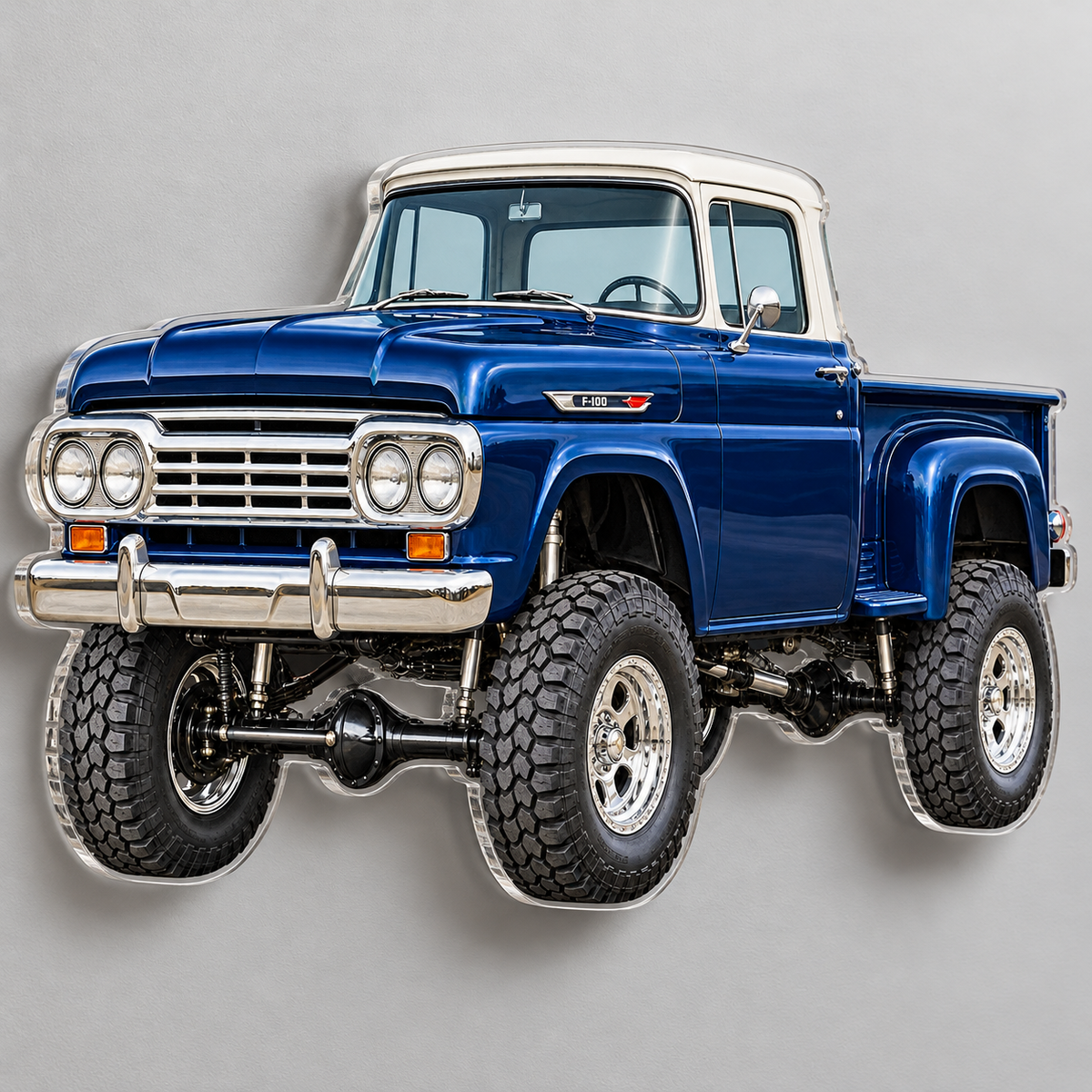 Angled wall view of blue and white 1959 Ford F-100 flat acrylic sign showing clear contour edge and floating shadow