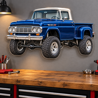 1959 Ford F-100 blue and white acrylic sign above garage workbench with hidden standoffs