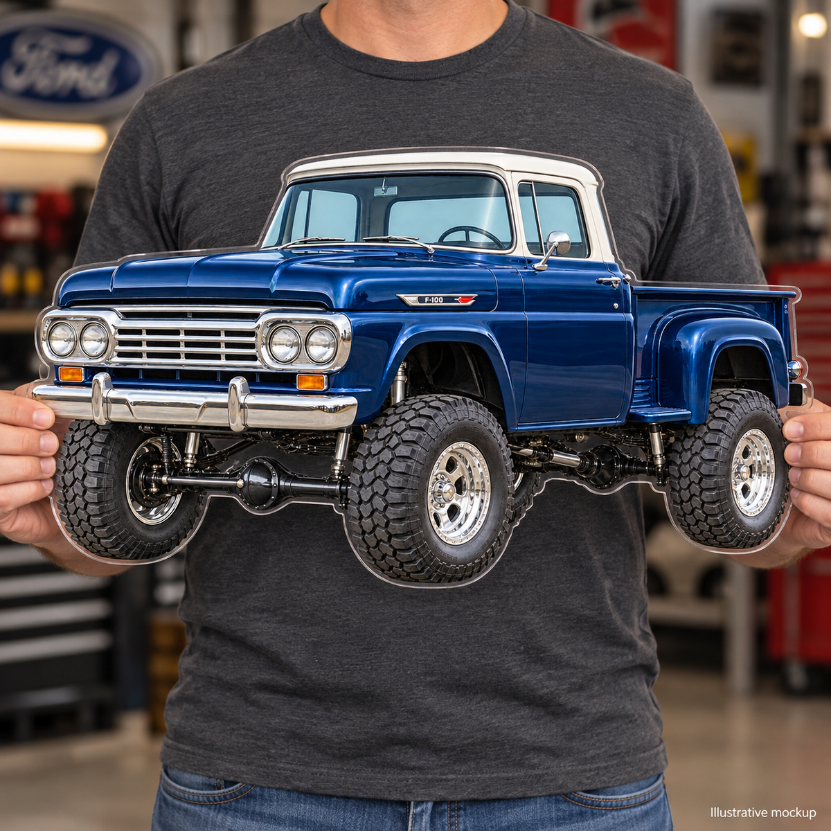 Person holding 1959 Ford F-100 contour-cut acrylic sign, illustrative mockup