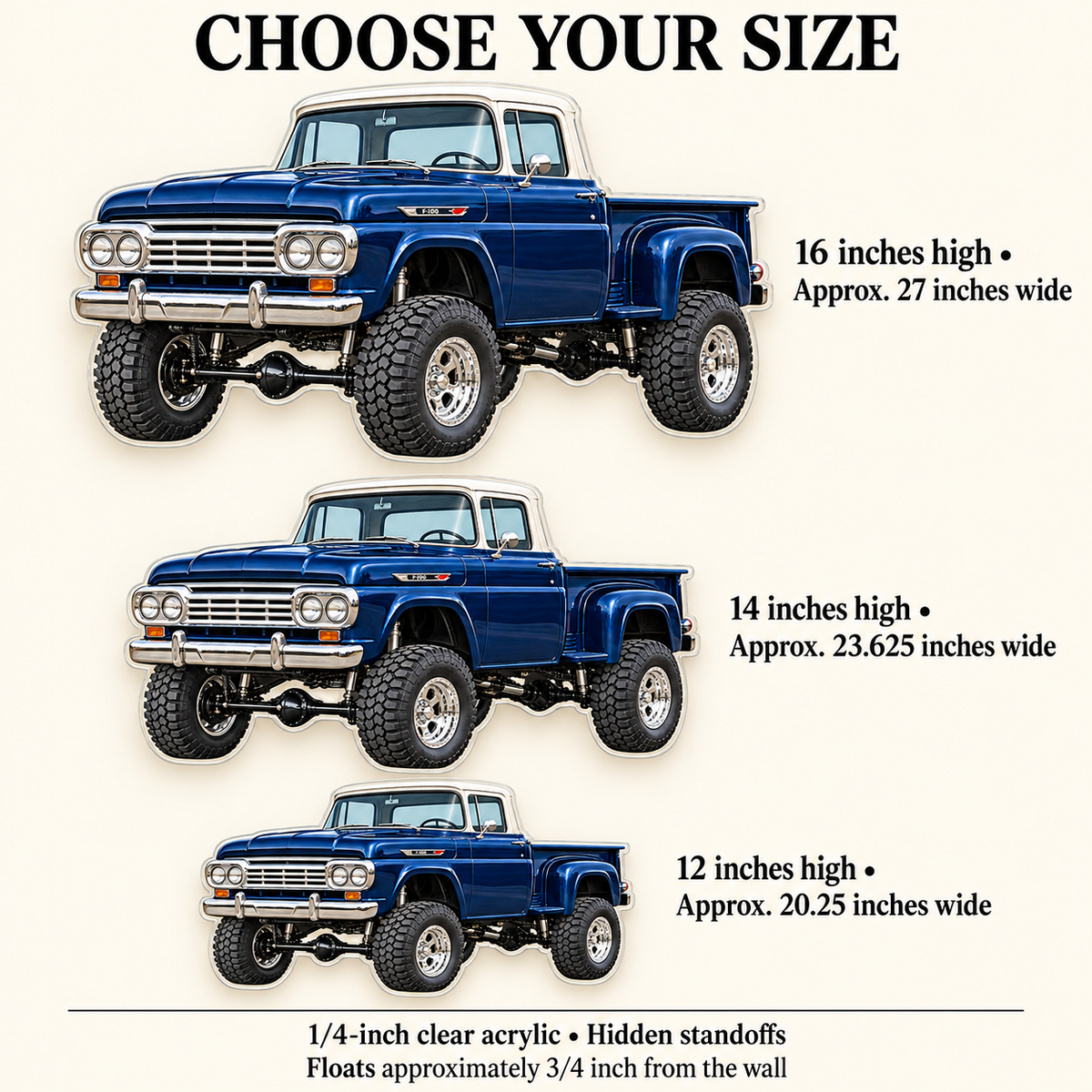 1959 Ford acrylic sign size guide with 12, 14 and 16 inch heights and approximate proportional widths