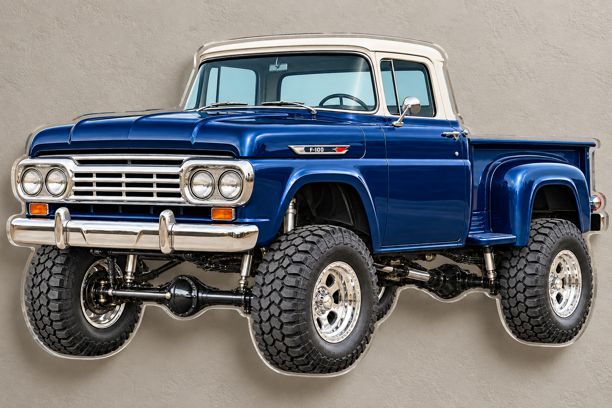 1959 Ford F-100 Midnight Blue and White contour-cut acrylic sign floating on hidden standoffs