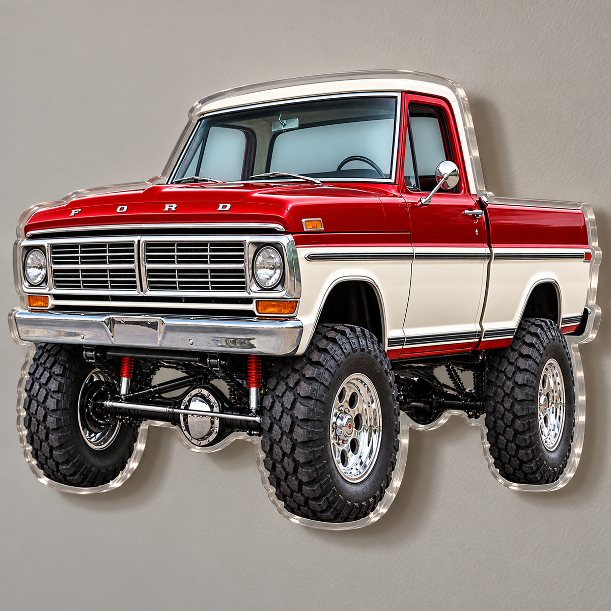 1969 Ford F-100 Candy Red and Wimbledon White acrylic wall sign angle mockup