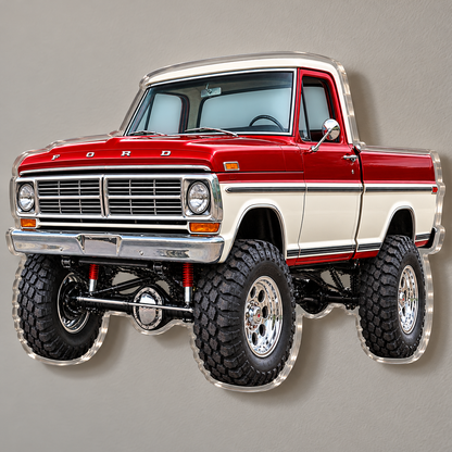 1969 Ford F-100 Candy Red and Wimbledon White acrylic wall sign angle mockup