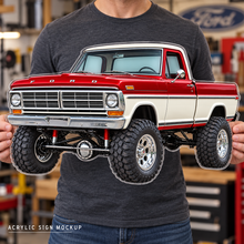 1969 Ford F-100 Candy Red and Wimbledon White acrylic wall sign held mockup