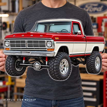 1969 Ford F-100 Candy Red and Wimbledon White acrylic wall sign held mockup