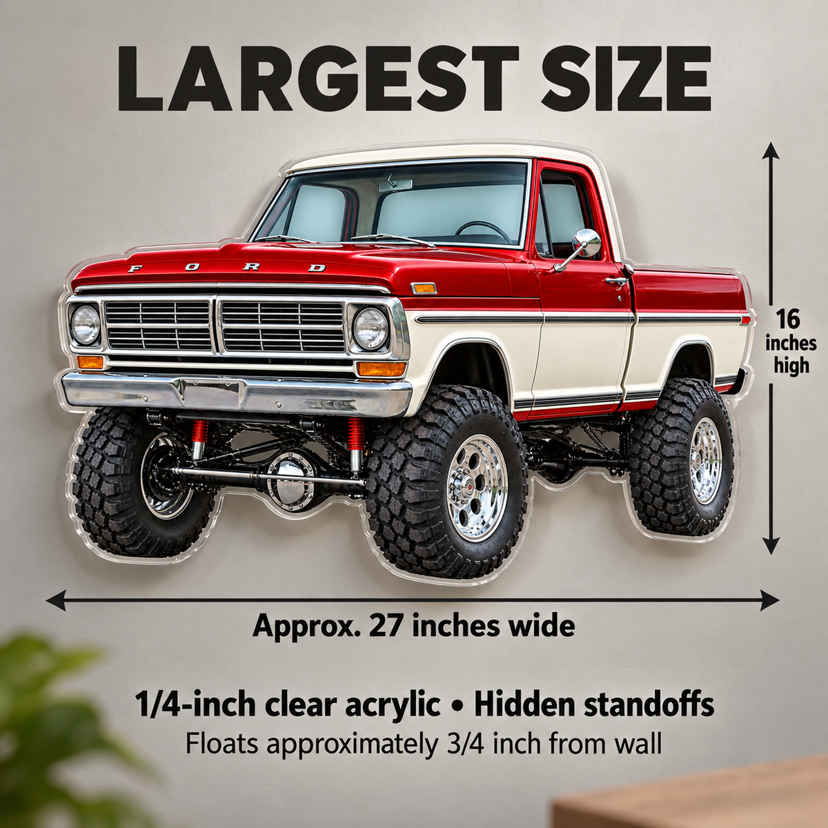 1969 Ford F-100 Candy Red and Wimbledon White acrylic wall sign sizes mockup