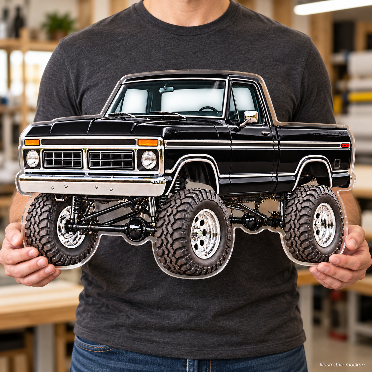 Illustrative mockup of a person holding the black Ford F-150 contour-cut 1/4-inch clear acrylic sign, showing its rigid shape and scale