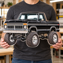 Illustrative mockup of a person holding the black Ford F-150 contour-cut 1/4-inch clear acrylic sign, showing its rigid shape and scale