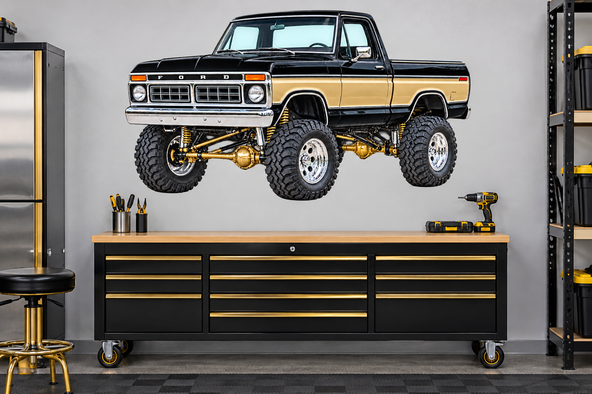 1976 Ford F-150 Lifted Truck Decal – Raven Black & Gold garage mockup, illustrative size