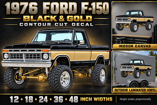 1976 Ford F-150 Lifted Truck Decal – Raven Black & Gold showcase with sizes and materials