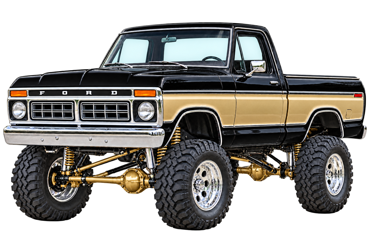 1976 Ford F-150 Lifted Truck Decal – Raven Black & Gold transparent artwork