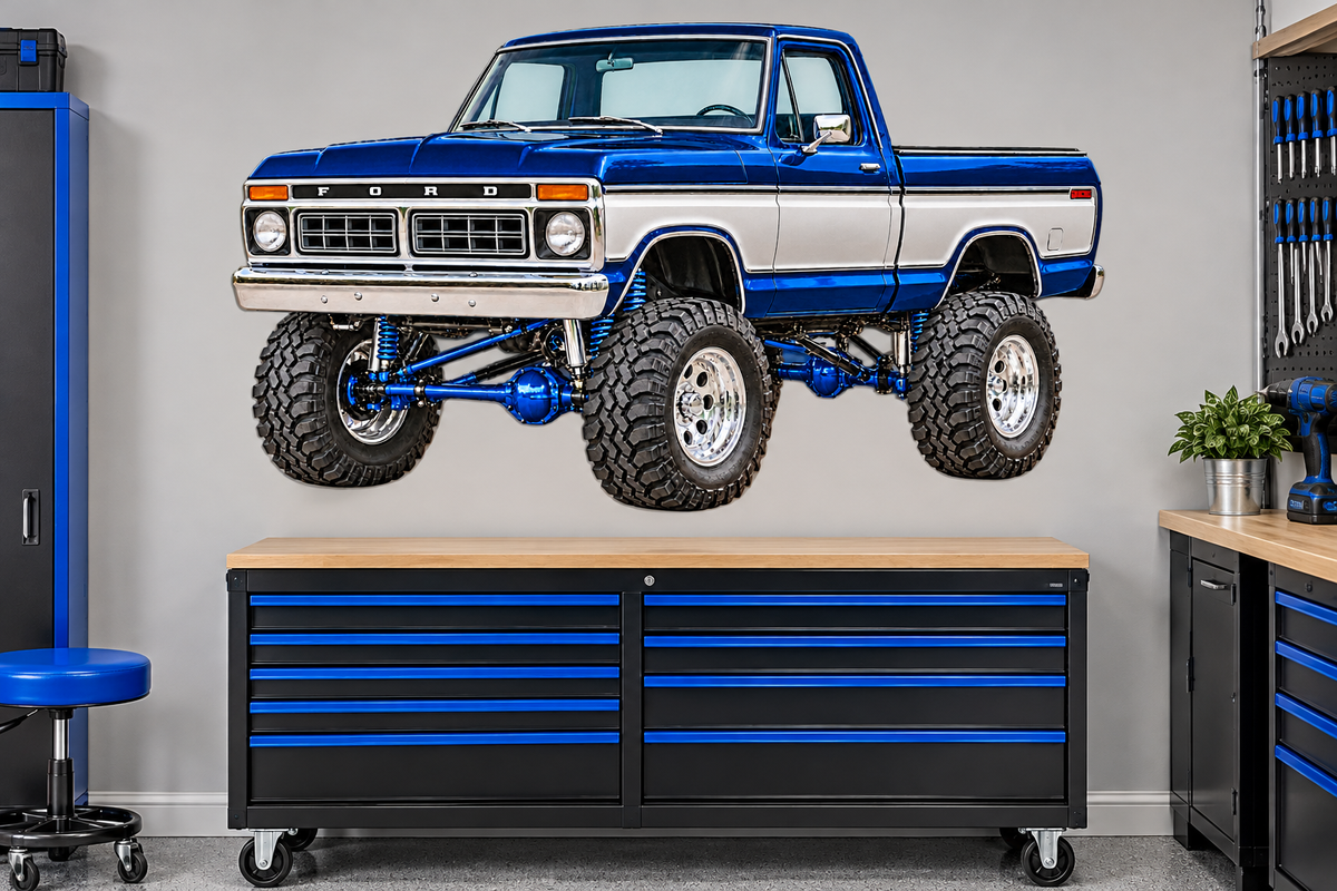 1976 Ford F-150 Lifted Truck Decal – Midnight Blue & Silver garage mockup, illustrative size