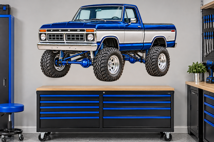 1976 Ford F-150 Lifted Truck Decal – Midnight Blue & Silver garage mockup, illustrative size