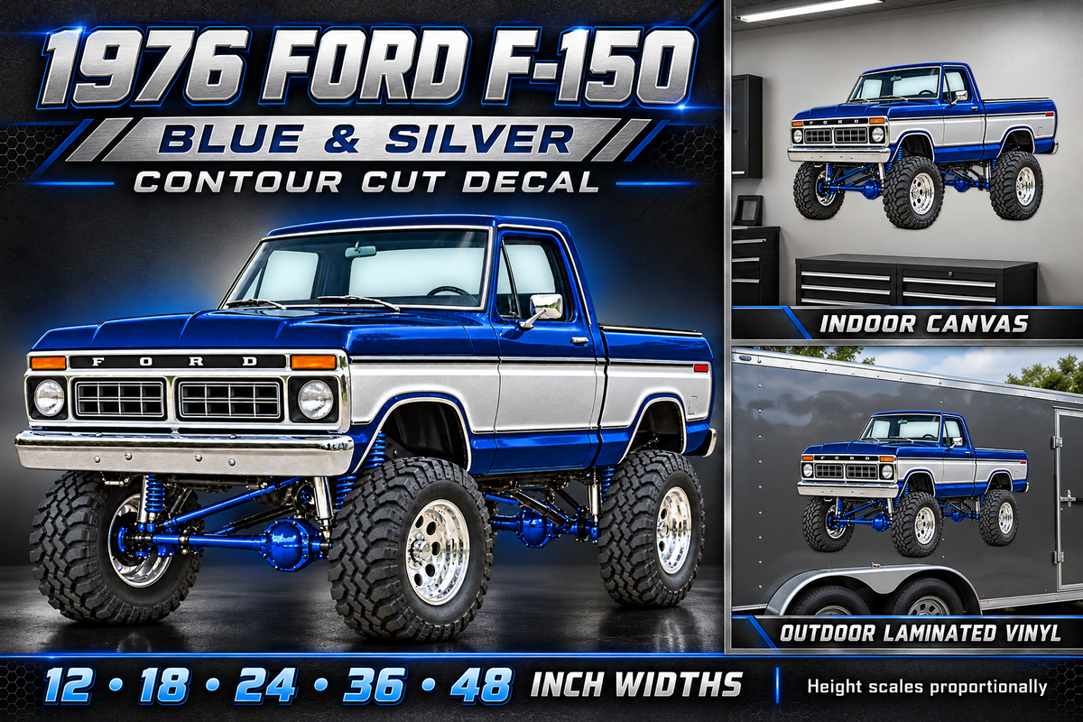 1976 Ford F-150 Lifted Truck Decal – Midnight Blue & Silver showcase with sizes and materials
