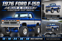 1976 Ford F-150 Lifted Truck Decal – Midnight Blue & Silver showcase with sizes and materials