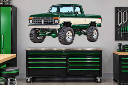 1976 Ford F-150 Lifted Truck Decal – Forest Green & Cream garage mockup, illustrative size