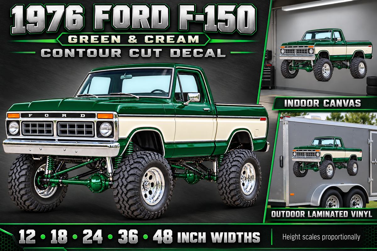 1976 Ford F-150 Lifted Truck Decal – Forest Green & Cream showcase with sizes and materials