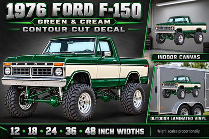 1976 Ford F-150 Lifted Truck Decal – Forest Green & Cream showcase with sizes and materials