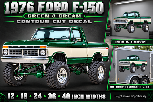 1976 Ford F-150 Lifted Truck Decal – Forest Green & Cream showcase with sizes and materials