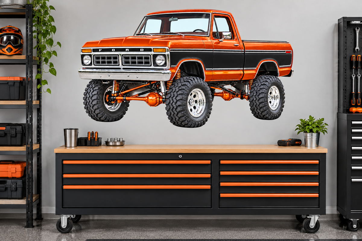 1976 Ford F-150 Lifted Truck Decal – Burnt Orange & Black garage mockup, illustrative size