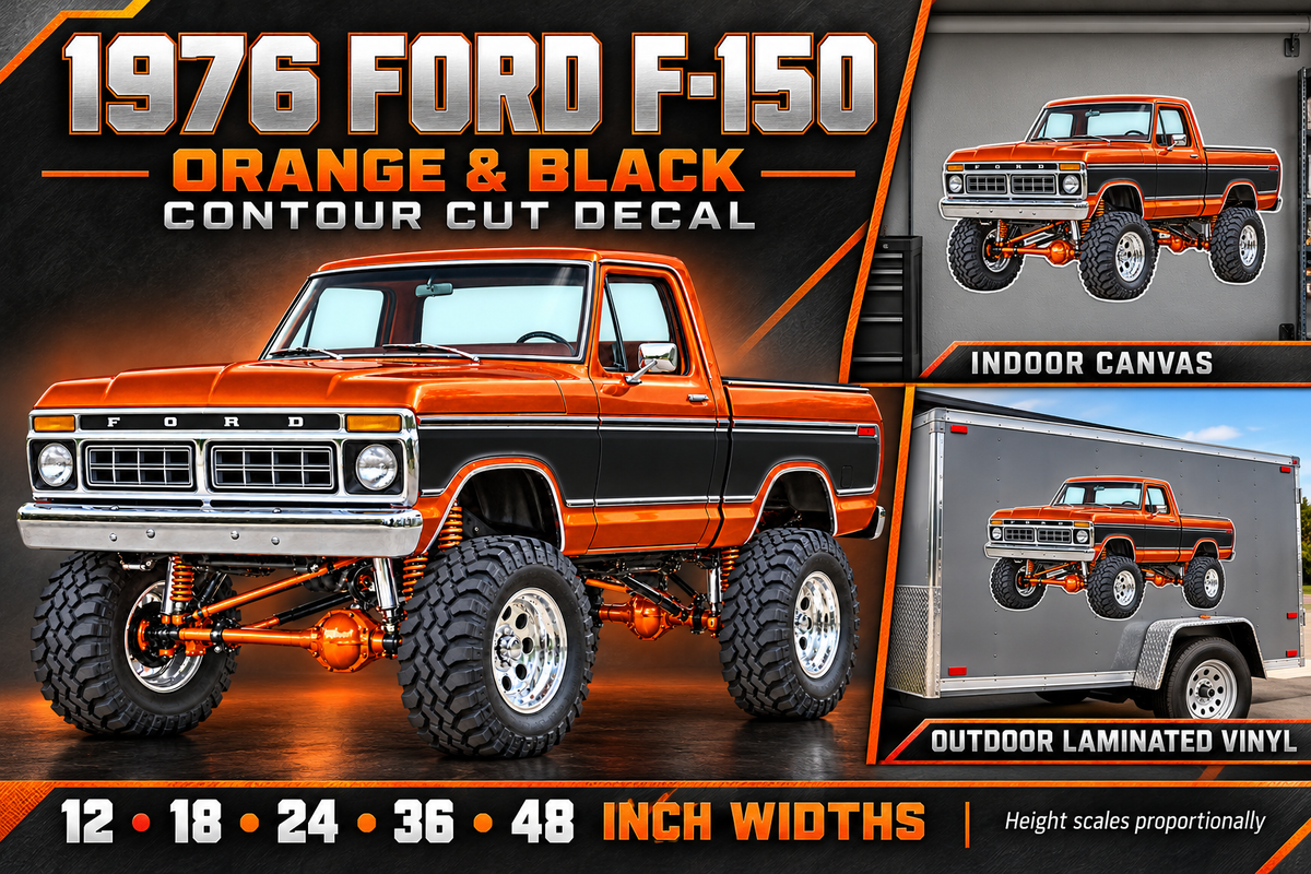 1976 Ford F-150 Lifted Truck Decal – Burnt Orange & Black showcase with sizes and materials