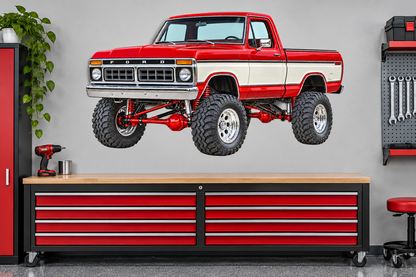 1976 Ford F-150 Lifted Truck Decal – Candy Red & Wimbledon White garage mockup, illustrative size