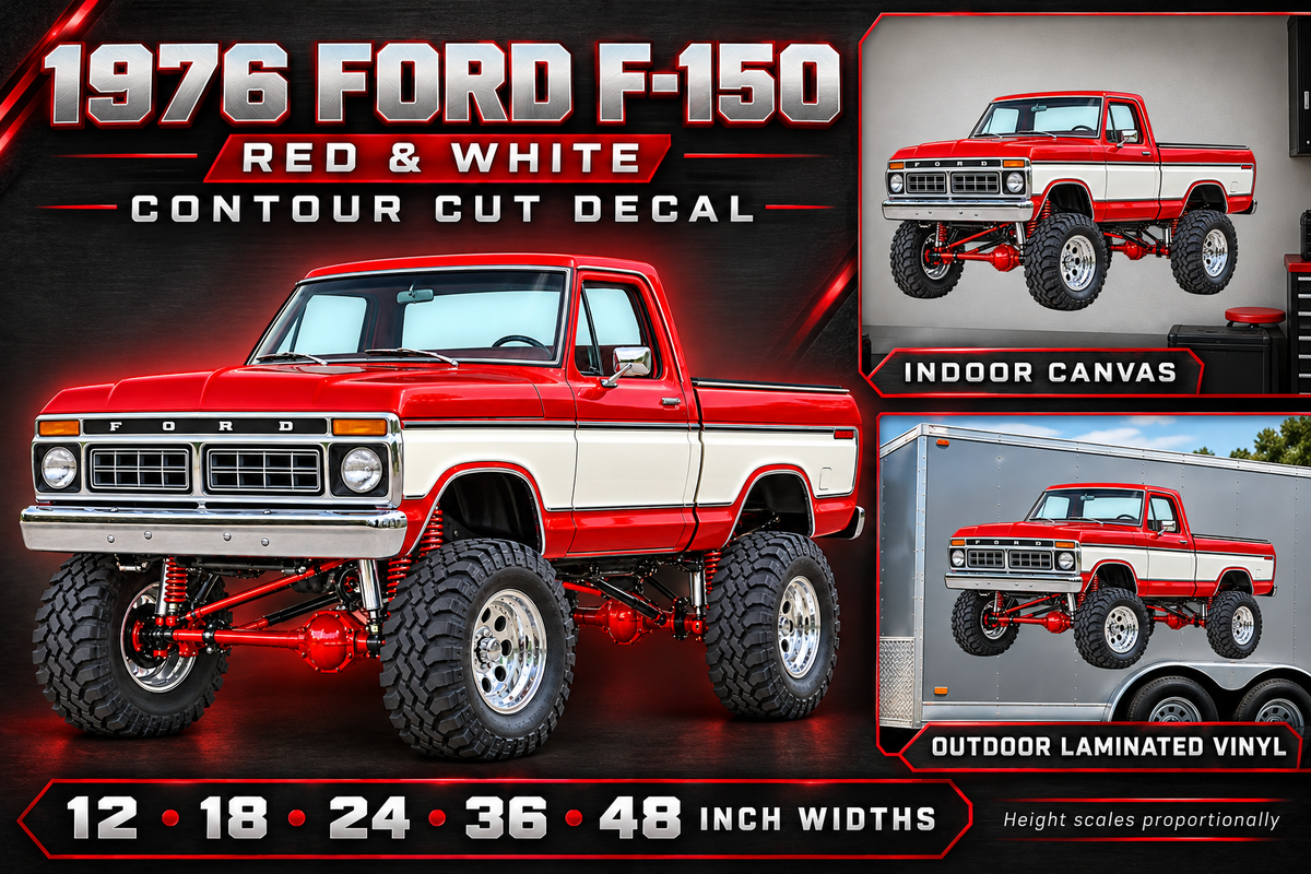 1976 Ford F-150 Lifted Truck Decal – Candy Red & Wimbledon White showcase with sizes and materials