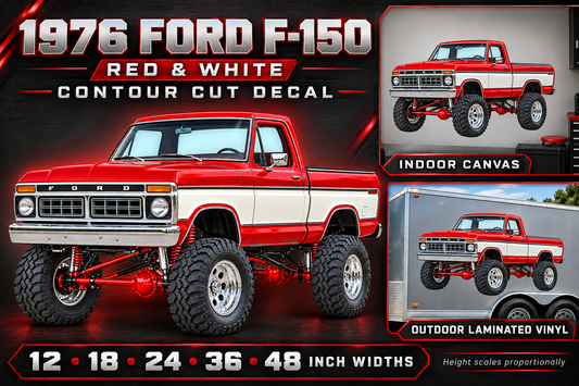1976 Ford F-150 Lifted Truck Decal – Candy Red & Wimbledon White showcase with sizes and materials