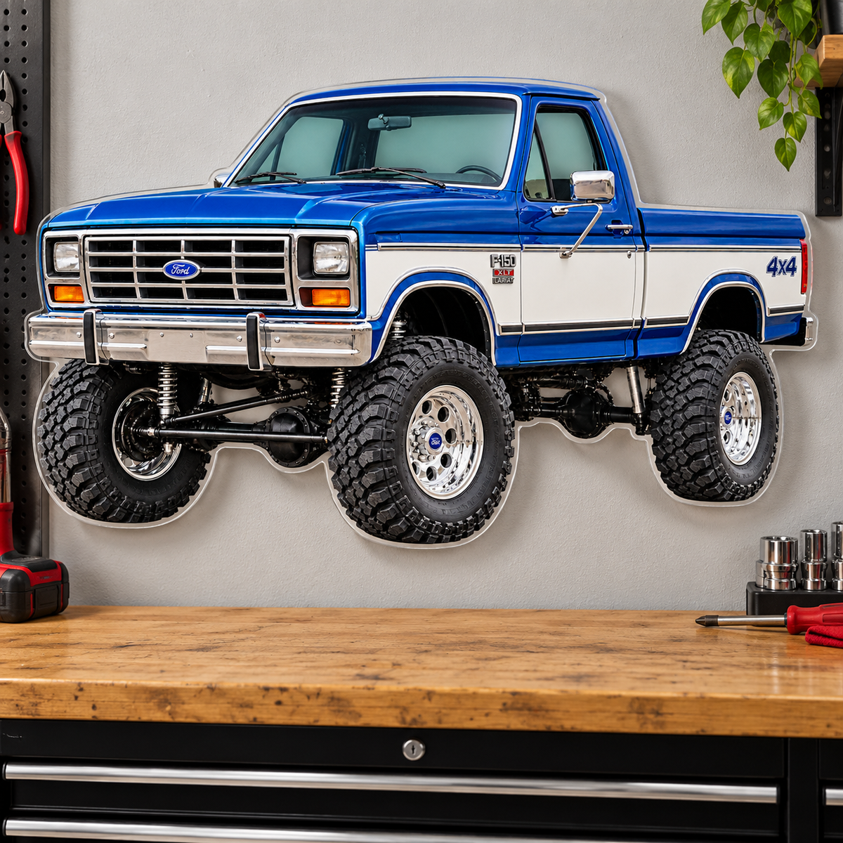 1985 Ford F-150 Bullnose 4x4 Cobalt Blue & White acrylic wall sign garage mockup