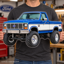 1985 Ford F-150 Bullnose 4x4 Cobalt Blue & White acrylic wall sign held mockup