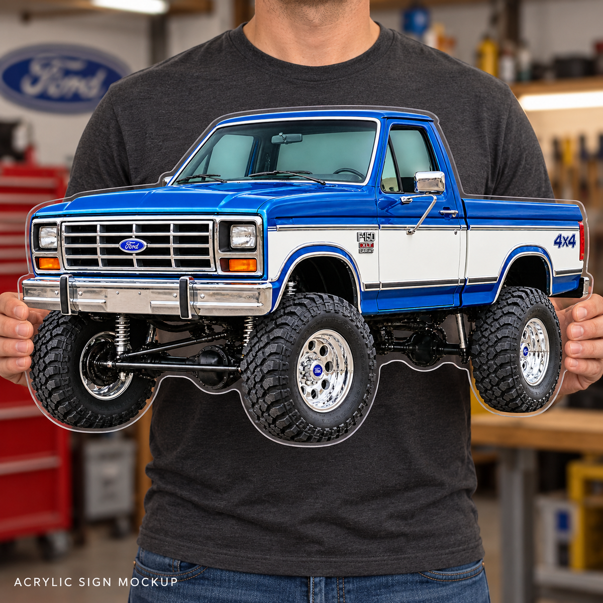 1985 Ford F-150 Bullnose 4x4 Cobalt Blue & White acrylic wall sign held mockup